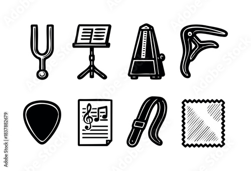 A hand-drawn collection of musical instrument accessories in black and white, including a tuner, music stand, metronome, capo, pick, sheet music, guitar strap, and cleaning cloth — stock vector.