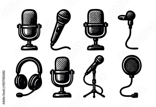 Set of black and white vector illustrations of microphones and headphones for podcasting, broadcasting, or voice recording — stock vector.