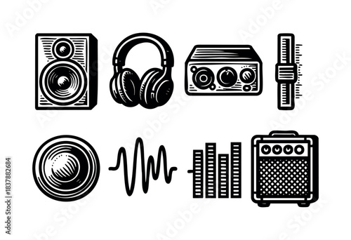 Set of music equipment icons in black and white including speakers, amplifier, headphones, and equalizer, perfect for music production or sound design projects — stock illustration.