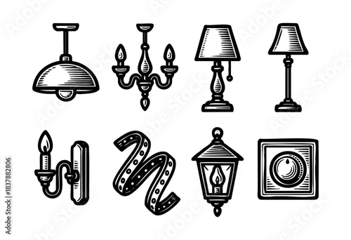 A collection of vintage-style lighting fixtures in black and white line art, including lamps, a chandelier, sconce, and dimmer switch — stock vector.