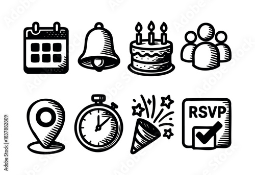 A set of doodle style icons for events, including a calendar, bell, cake, people, location pin, stopwatch, party popper, and RSVP symbol — stock vector.