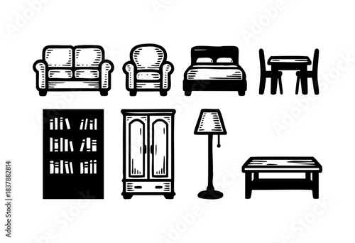 A set of monochrome icons featuring furniture such as a sofa, armchair, bed, table with chairs, bookcase, cabinet, floor lamp and coffee table — stock vector.