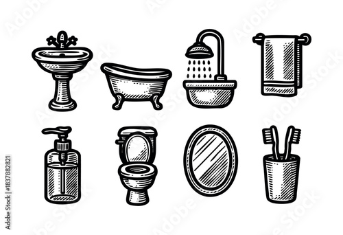 A set of hand-drawn black and white bathroom accessories including sink, bathtub, shower, towel, soap dispenser, toilet, mirror and toothbrushes — stock vector.