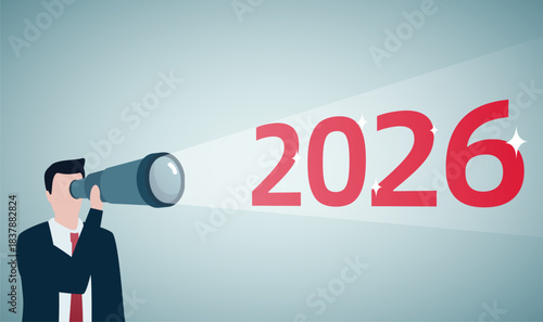 A businessman using a telescope to focus on the glowing "2026" text, symbolizing strategic foresight and planning for the upcoming year.