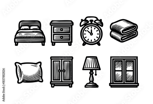A set of stylized bedroom furniture items, including a bed, nightstand, alarm clock, towels, pillow, wardrobe, lamp and window with curtains — stock vector.