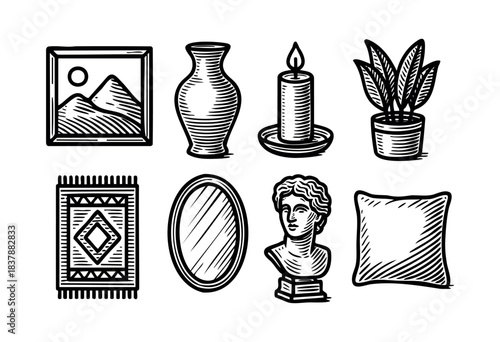 Collection of home decor elements in a black and white engraved style — stock vector.
