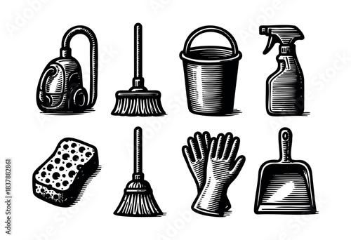 A set of cleaning supplies including a vacuum, brooms, spray bottle, bucket, sponge, gloves and dustpan are illustrated with a vintage, woodcut style — stock illustration.