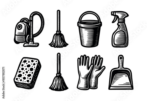 A retro style illustration of cleaning supplies including a vacuum, mops, bucket, spray bottle, sponge, gloves and dustpan — stock vector.
