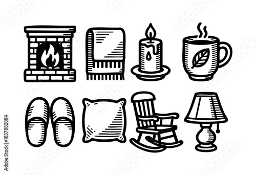 A set of cozy home elements including fireplace, blanket, candle, mug, slippers, rocking chair, pillow, and lamp in a hand-drawn style — stock illustration.