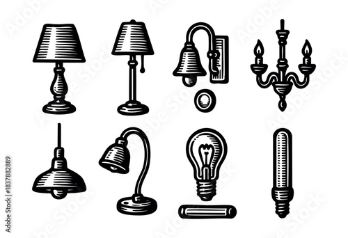 This vector illustration features a collection of various lighting fixtures in a vintage engraved style, including lamps, sconces, and light bulbs — stock vector.