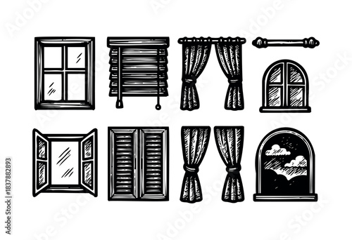 Collection of various hand-drawn windows with different styles, including curtains and blinds — stock illustration.