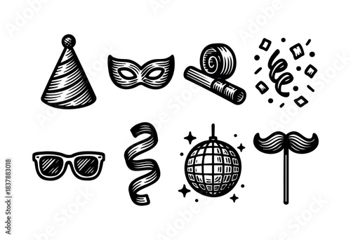 Monochrome vector illustration of party elements including a hat, mask, noise maker, confetti, glasses, ribbon, disco ball, and mustache — stock vector.
