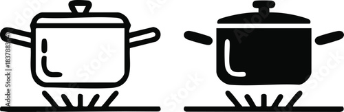 Cooking Pot on Stove Icon, Outline and Filled Cooking Pot Icon, Boiling or Stewing Pot on Burner Symbol, Kitchen Utensil or Home Cooking Icon, Saucepan on Gas Stove Pictogram, vector.