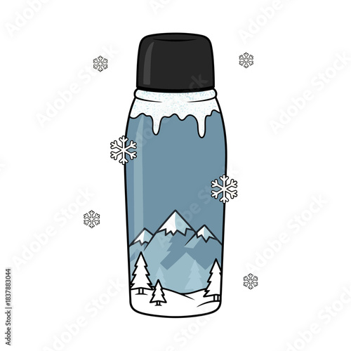 Flat Vector Modern Thermos Bottle with Winter Frost Texture and Bold Black Outline