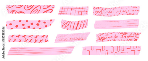 Pink coquette washi tape collection. Girly decorative paper strips, sticky masking elements, and vintage scrapbook stickers for craft projects and journal decoration. Vector crayon textured cutouts.