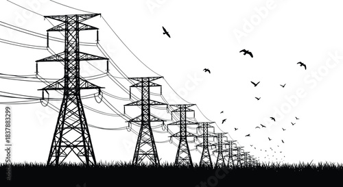 Silhouette of High Voltage Transmission Towers Stretching into Distance, Power Lines Curving Over Grassy Field, Birds Flying, Industrial Infrastructure and Nature Contrast