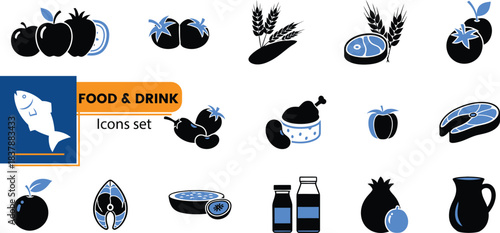 Food and Drink Icons Set Featuring Fruits Meat Fish Vegetables and Beverages vector