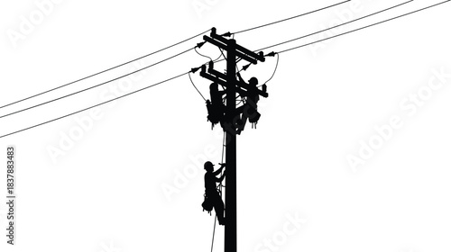 Silhouette of Three Utility Workers Climbing Power Pole, High-Voltage Line Maintenance, Safety Gear, Teamwork, Electrical Infrastructure Repair at Dusk