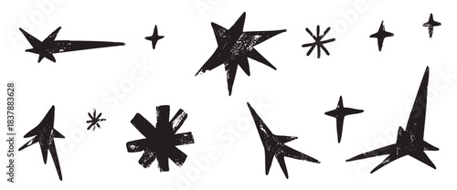 Hand drawn stars, snowflake asterisk icons. Doodle twinkles shape set. Handmade scribble magic twinkle collection. Spark blink stickers. Simple charcoal ink decoration. Vector scrawl elements isolated