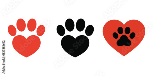 Pet Animal Paw Print and Heart Icon Set - Love, Care, and Rescue Vector