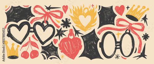 Bangs, couple heart romantic lockets. Love frame for text or photo with bang callout. Hand drawn sticker with cherry, crown. Star, bow with coquette doodle elements. Vector Valentine ink brush no bg.