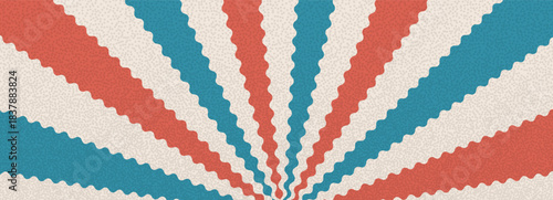 Groovy red and blue circus pinwheel. Retro starburst background. Sun rays abstract scallop illustration with grainy noise. Vector wavy carnival decoration. Radial stripes vintage backdrop.
