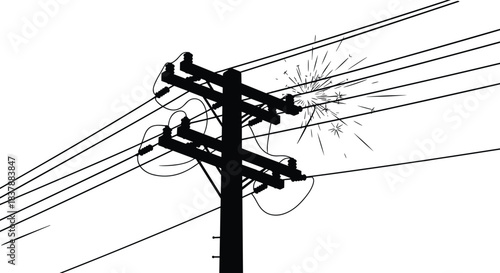 Silhouette of utility pole with sparking power lines, electrical short circuit burst, high-voltage hazard illustration for safety, outage, infrastructure awareness vector