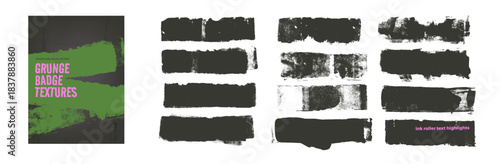 Grunge urban wall badges textures. Straight black wide lines. Paint roller brush strokes rough edges. Gritty textured highlights. Vector thick printmaking streaks. Bold grunge long elements.