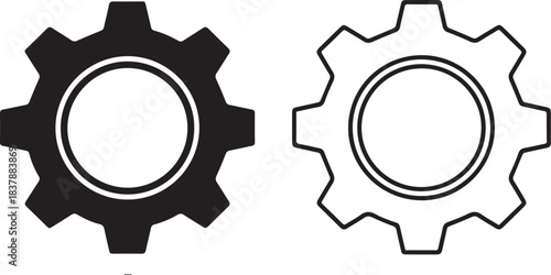 Set of Two Simple Black Gear Icons, Filled and Outline, Isolated Vector