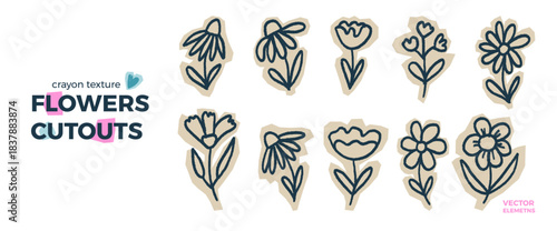 Doodle hand drawn outline flowers stickers. Naive daisy and camomile cutouts set. Paper wildflower shapes isolated. Scrapbook naive sticker floral elements. Pencil texture lines vector illustration.