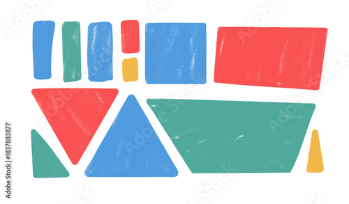 Hand drawn colorful irregular geometric shape set. Simple text boxes kids frames. Triangles, square and streak rectangle figures. Vector hand drawn callout school kids shapes. Gritty cutout figures.