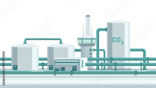 Carbon capture and storage facility with CO2 tanks pipes and control unit showing clean energy technology net zero industry and emission reduction