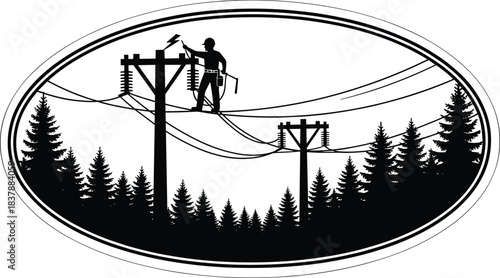 Silhouette utility lineman on pole repairing power line, forested rural scene, pine trees background, safety gear, emblematic oval frame vector