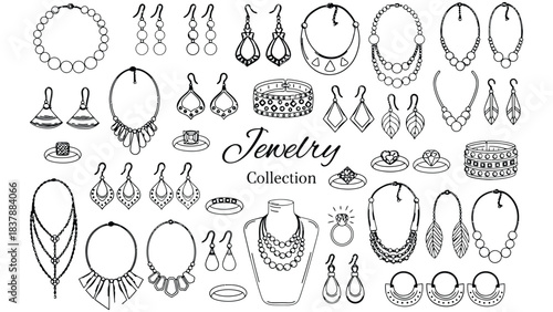 Jewelry collection sketch set of necklaces earrings and rings