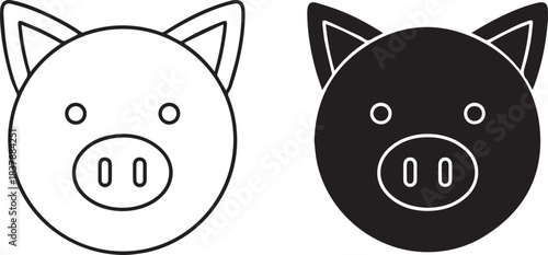 Black and White Pig Head Vector Icons Set. Outline and Filled Styles. Isolated.