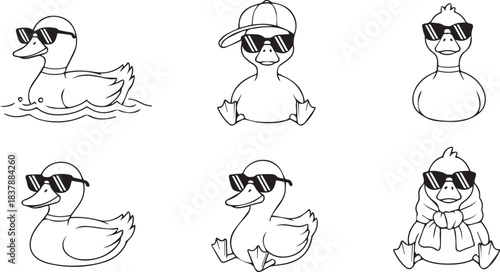 Set of Black and White Line Art Cartoon Ducks Wearing Sunglasses