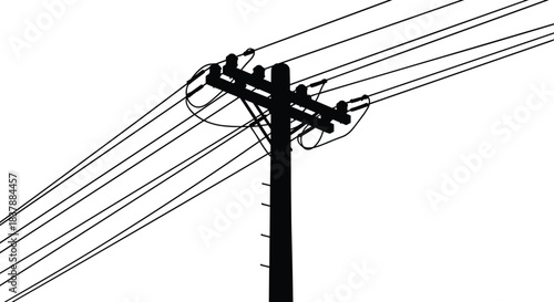 Silhouette Utility Pole with Multiple Power Lines, Insulators and Hardware, Urban Electrical Infrastructure Vector Illustration for Energy, Transmission, and Industrial Design