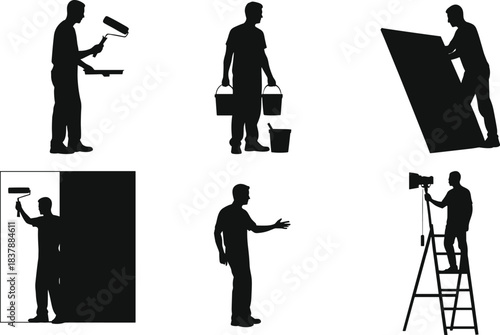 Silhouette vector set of six workers painting, carrying buckets, positioning panels, instructing crew, and adjusting lighting on ladder for renovation and set preparation