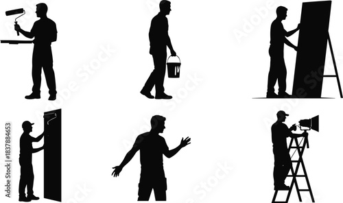 Silhouette workers painting and setting stage lights, creative studio crew performing mural work, ladder technician adjusting spotlight, collaborative artistic labor vector