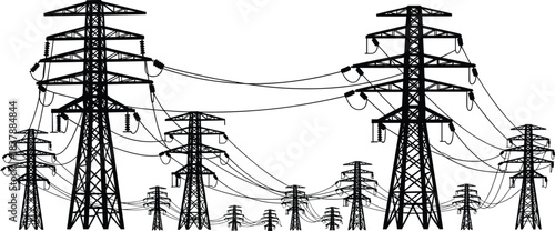 Silhouetted high-voltage transmission towers and power lines stretching across horizon, industrial electrical grid infrastructure, energy distribution, utility network, modern power system