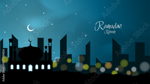 Ramadan kareem background with mosque silhouette at night