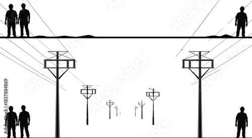 Silhouettes and Utility Poles Showing Linear Perspective, Depth and Scale, People and Poles Receding into Distance, Visual Perception Illustration Concept Vector Background