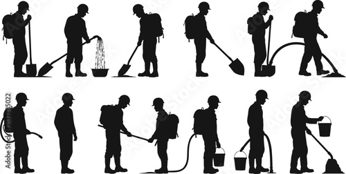 Silhouettes of sanitation and maintenance workers performing cleaning, mopping, shoveling, hose spraying, carrying buckets, wearing helmets and uniforms, vector icons