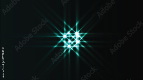 Abstract glowing cyan light starburst pattern with lens flare effect on a dark background, digital art