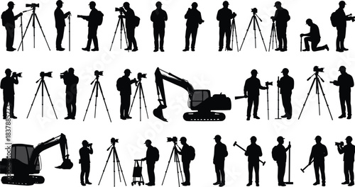 Silhouettes of surveyors and construction workers using theodolites, tripods, ng, infrastructure