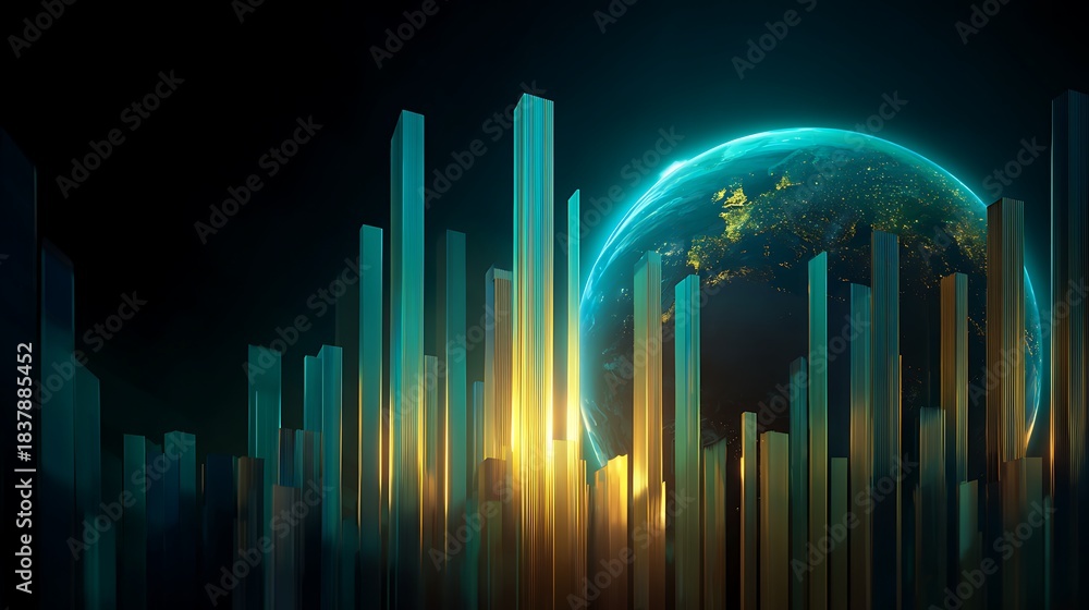 Fototapeta premium A glowing graph representing each country's innovation level is rising around the world.