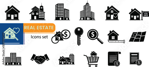 Real Estate Icons Set Black House Building Key Map Shopping Cart Document home