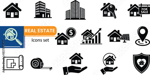 Real Estate Icons Set Black House Building Key For Sale Magnifying Glass home