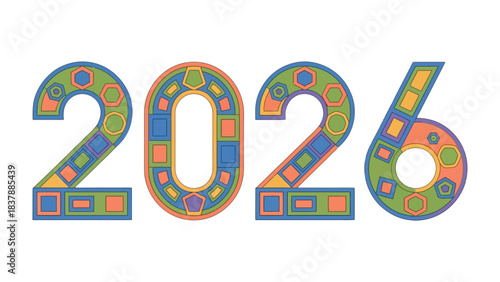 Year 2026 Typography: A vibrant and creatively designed typographic composition of the year 2026. This dynamic, geometric artwork, showcasing an innovative approach to the numerical form.
