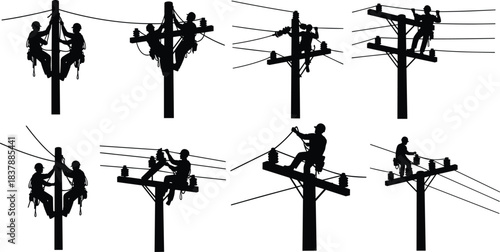 Silhouettes of Utility Lineworkers on Power Poles, Climbing, Repairing High Voltage Lines, Wearing Safety Harnesses and Helmets, Electrical Infrastructure Maintenance